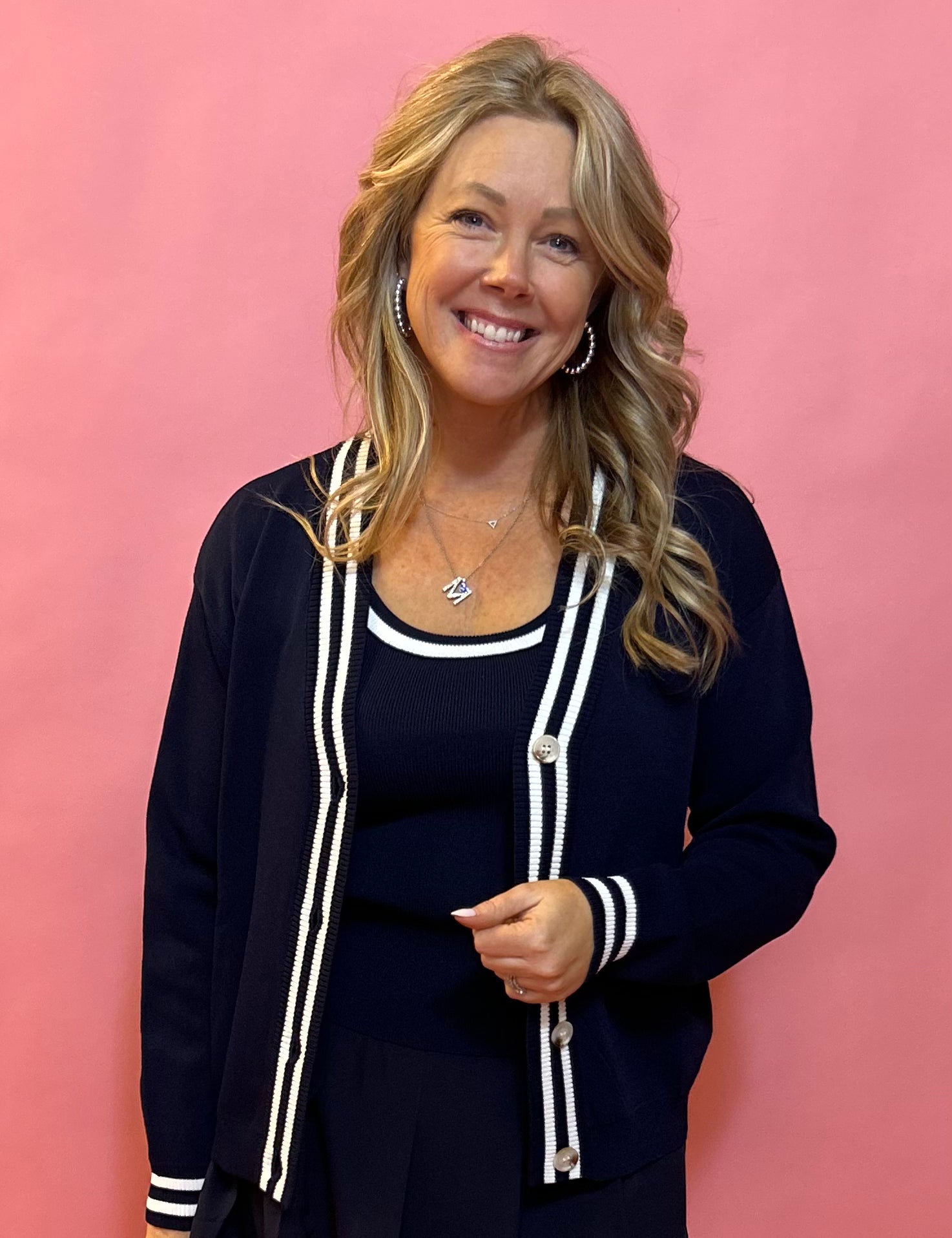 Sporty Elegance:Navy Long Sleeve Cardigan with Navy Trim