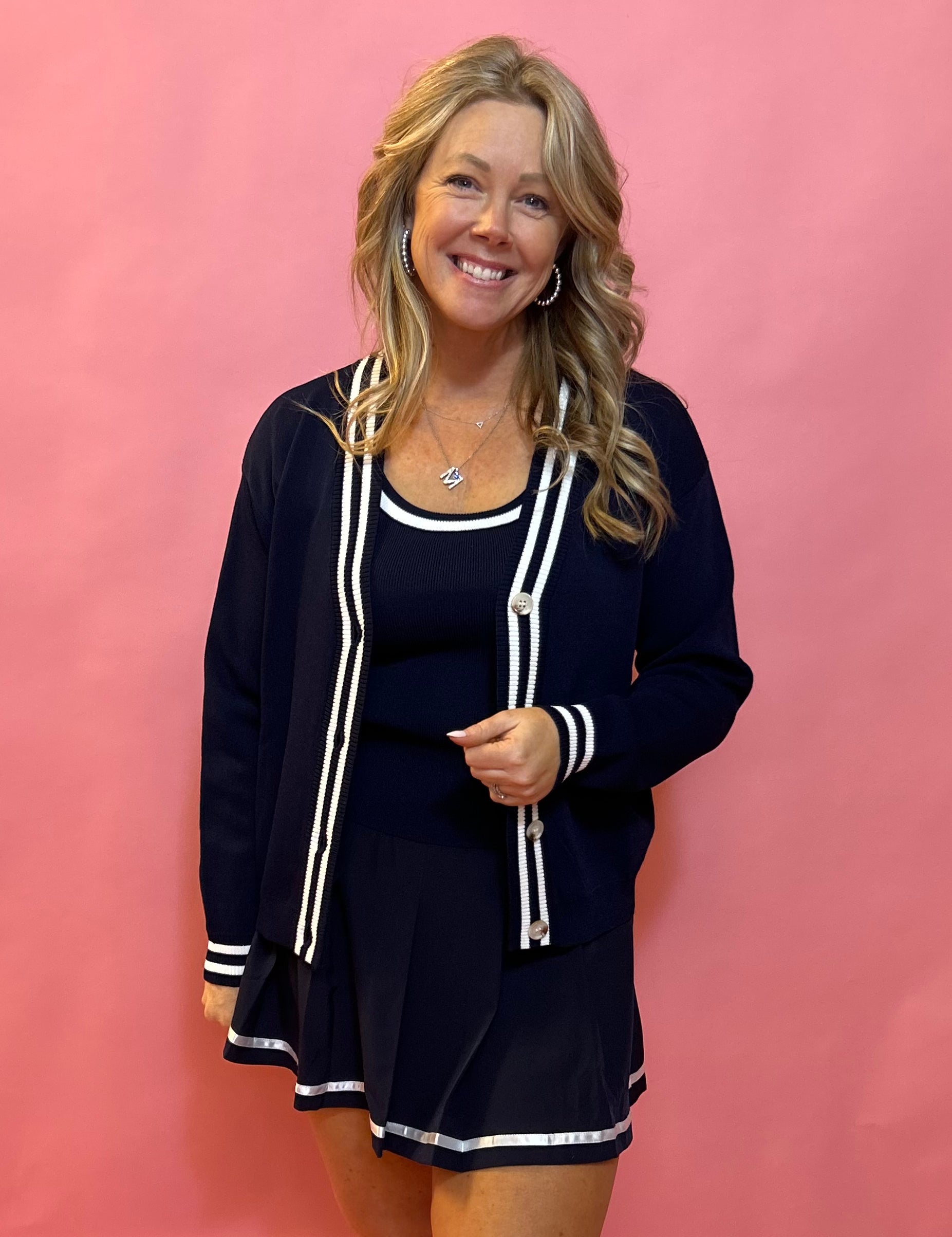 Sporty Elegance:Navy Long Sleeve Cardigan with Navy Trim