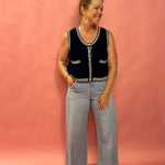 Sporty Elegance: Sleeveless Sweater Vest with Navy Trim