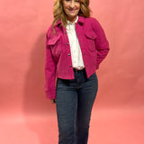 Stacey Snap Button Down Teddy Jacket in Fuchsia