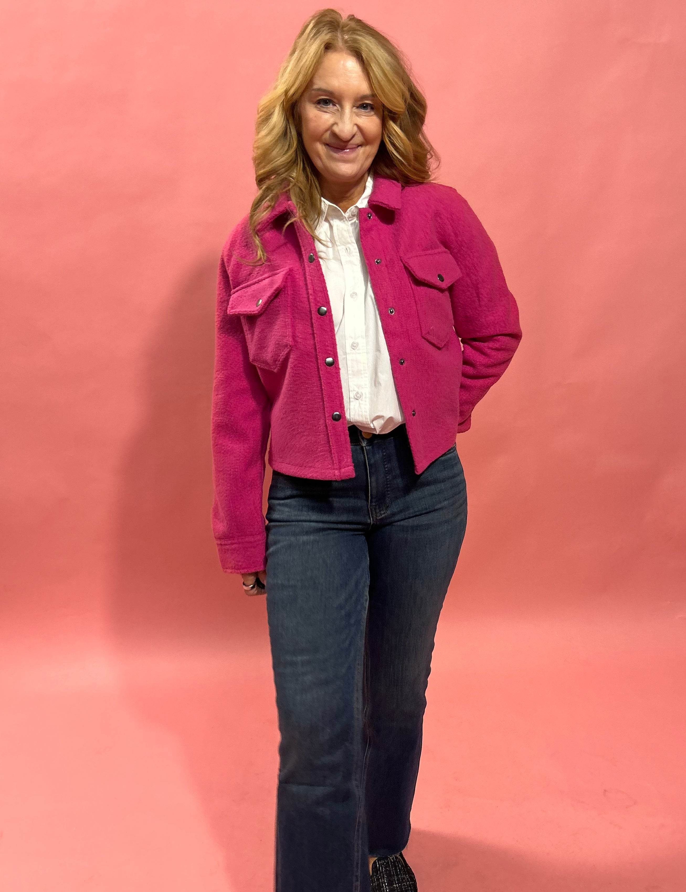 Stacey Snap Button Down Teddy Jacket in Fuchsia