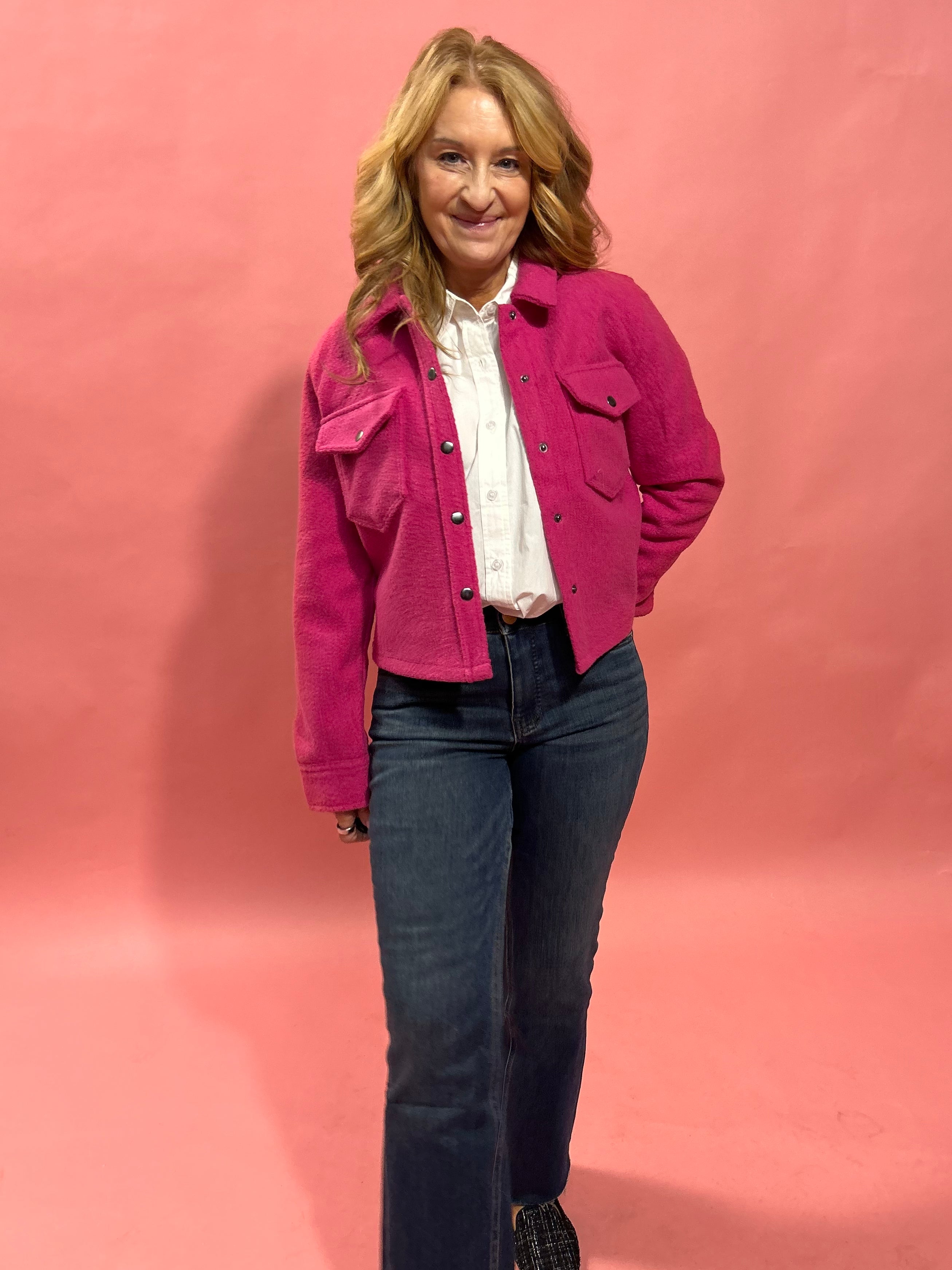 Stacey Snap Button Down Teddy Jacket in Fuchsia