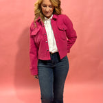 Stacey Snap Button Down Teddy Jacket in Fuchsia