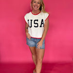 Patriotic USA graphic lightweight knit top with red, white and blue contrast trim and cap sleeves – Shabby 2 Chic Boutiques