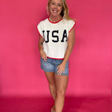 Patriotic USA graphic lightweight knit top with red, white and blue contrast trim and cap sleeves – Shabby 2 Chic Boutiques