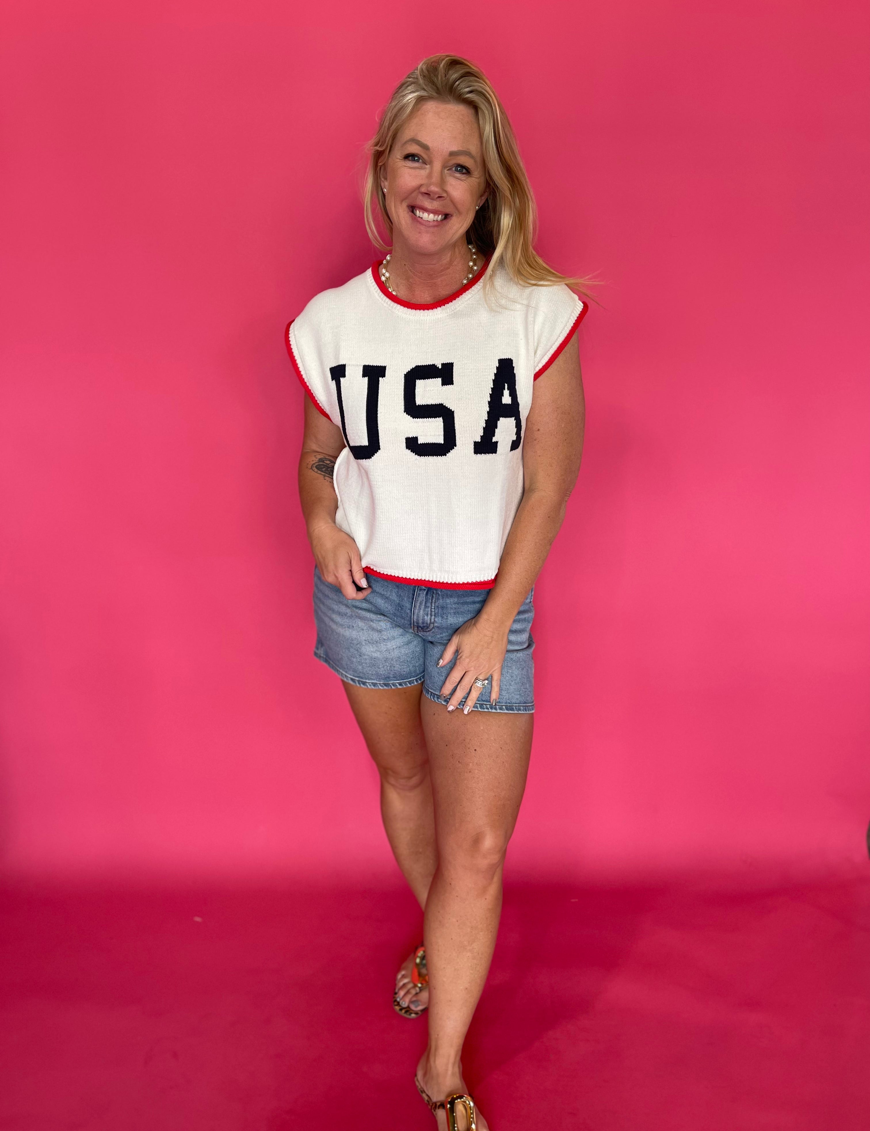 Patriotic USA graphic lightweight knit top with red, white and blue contrast trim and cap sleeves – Shabby 2 Chic Boutiques
