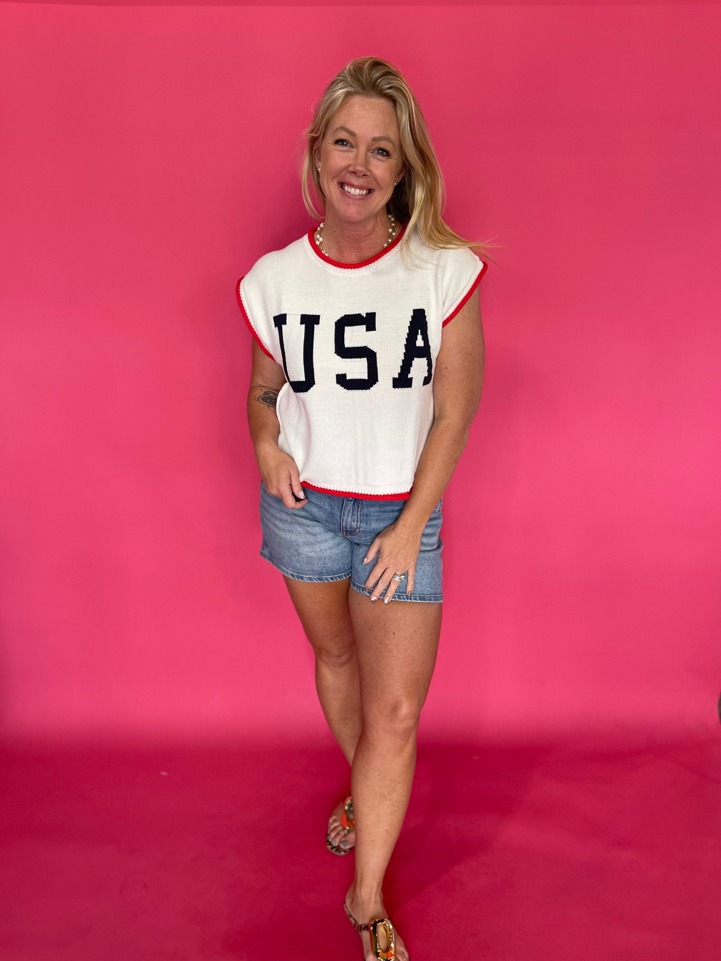 Patriotic USA graphic lightweight knit top with red, white and blue contrast trim and cap sleeves – Shabby 2 Chic Boutiques