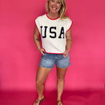 Patriotic USA graphic lightweight knit top with red, white and blue contrast trim and cap sleeves – Shabby 2 Chic Boutiques