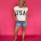 Patriotic USA graphic lightweight knit top with red, white and blue contrast trim and cap sleeves – Shabby 2 Chic Boutiques