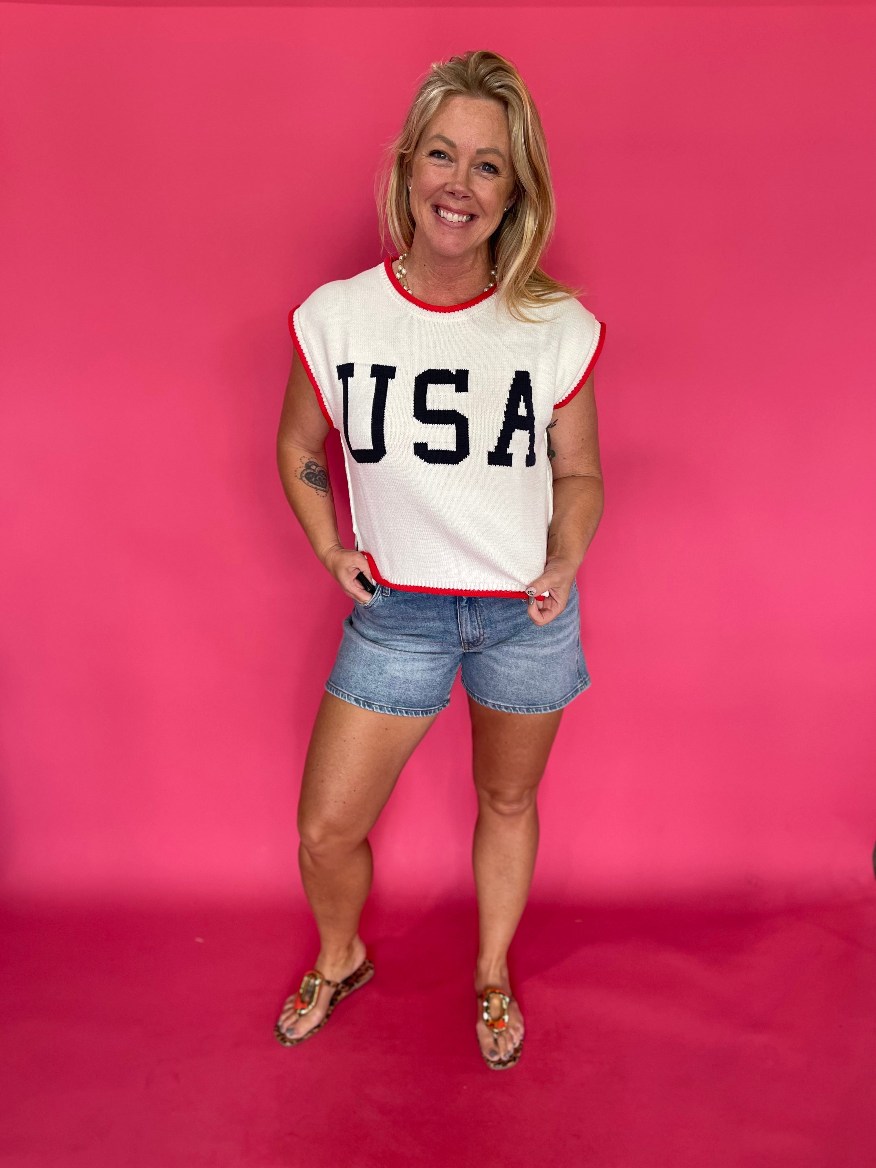 Patriotic USA graphic lightweight knit top with red, white and blue contrast trim and cap sleeves – Shabby 2 Chic Boutiques