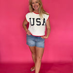 Patriotic USA graphic lightweight knit top with red, white and blue contrast trim and cap sleeves – Shabby 2 Chic Boutiques
