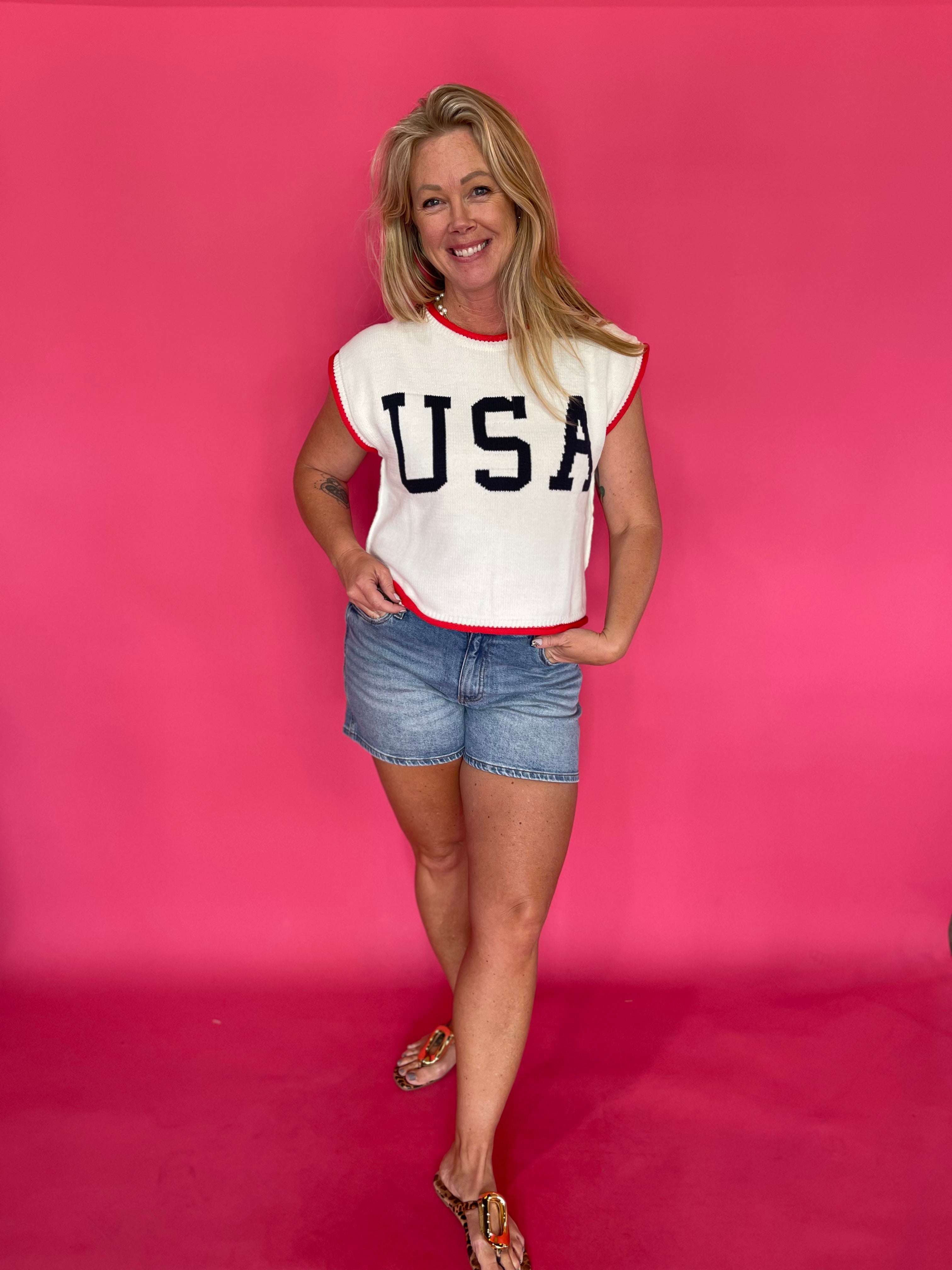 Patriotic USA graphic lightweight knit top with red, white and blue contrast trim and cap sleeves – Shabby 2 Chic Boutiques