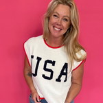 Patriotic USA graphic lightweight knit top with red, white and blue contrast trim and cap sleeves – Shabby 2 Chic Boutiques