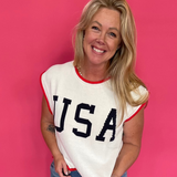 Patriotic USA graphic lightweight knit top with red, white and blue contrast trim and cap sleeves – Shabby 2 Chic Boutiques