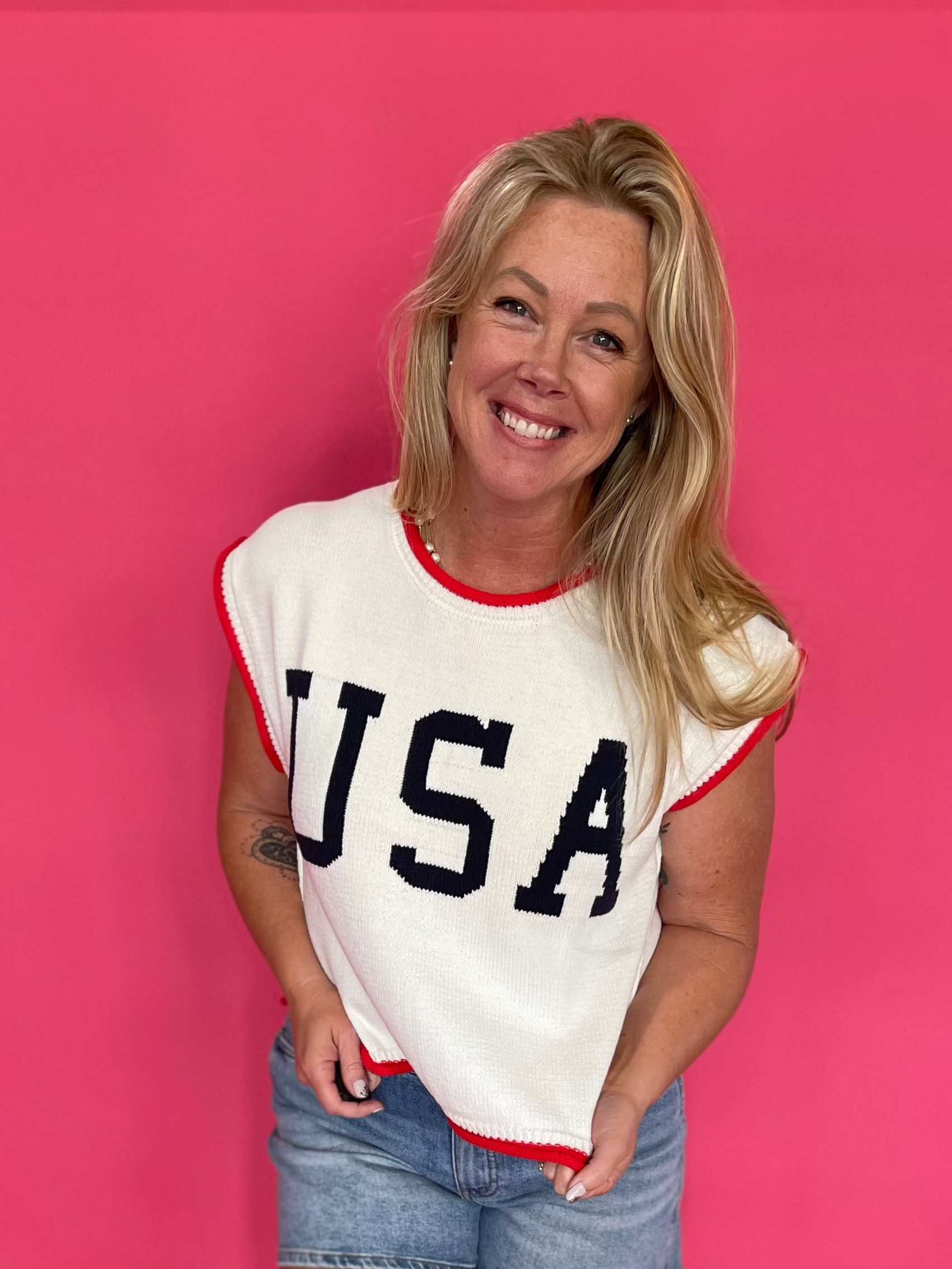 Patriotic USA graphic lightweight knit top with red, white and blue contrast trim and cap sleeves – Shabby 2 Chic Boutiques