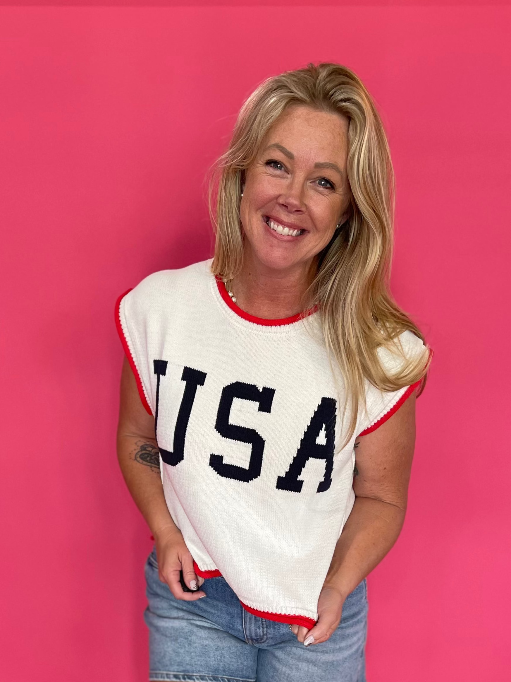 Patriotic USA graphic lightweight knit top with red, white and blue contrast trim and cap sleeves – Shabby 2 Chic Boutiques