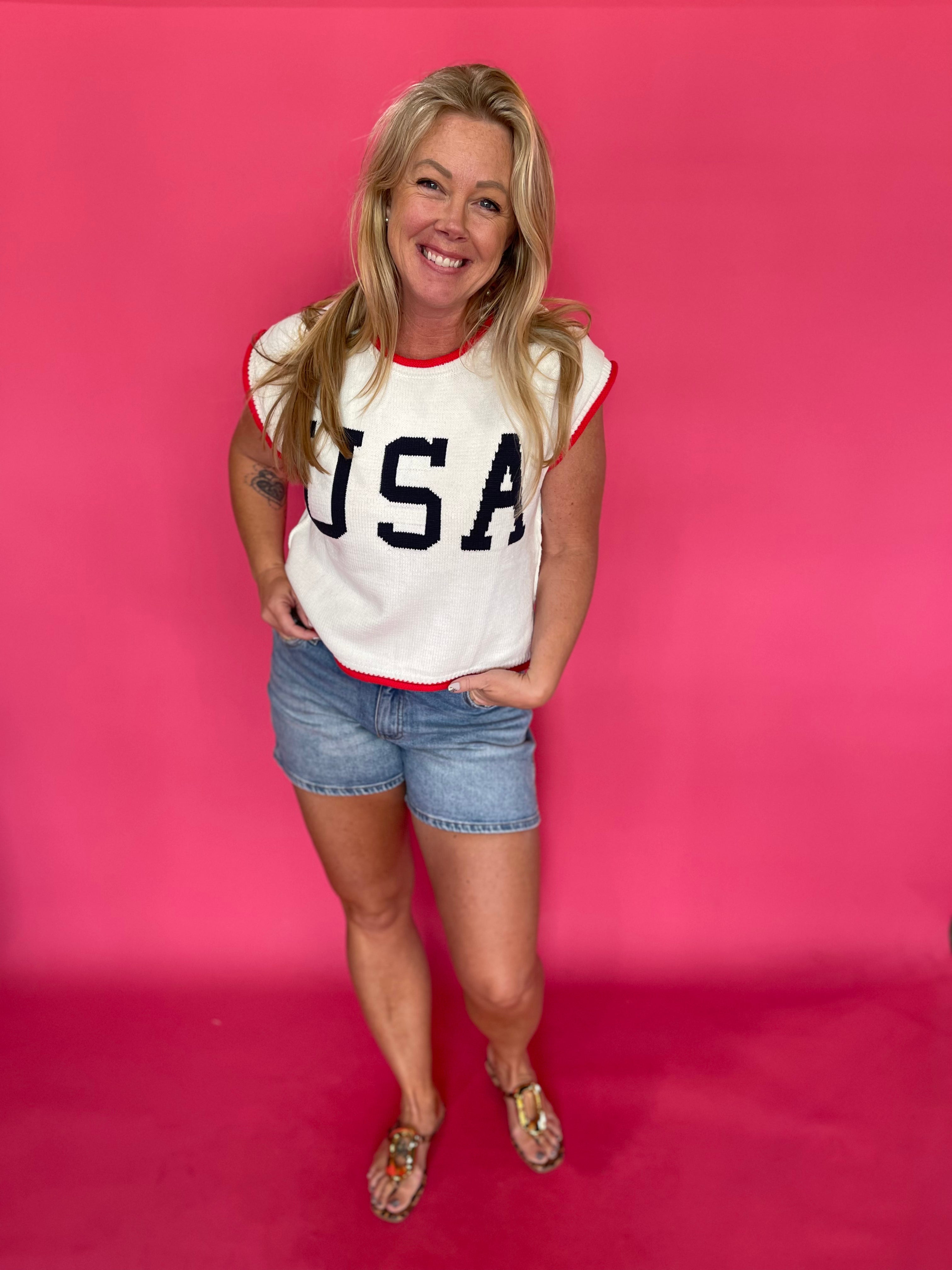 Patriotic USA graphic lightweight knit top with red, white and blue contrast trim and cap sleeves – Shabby 2 Chic Boutiques