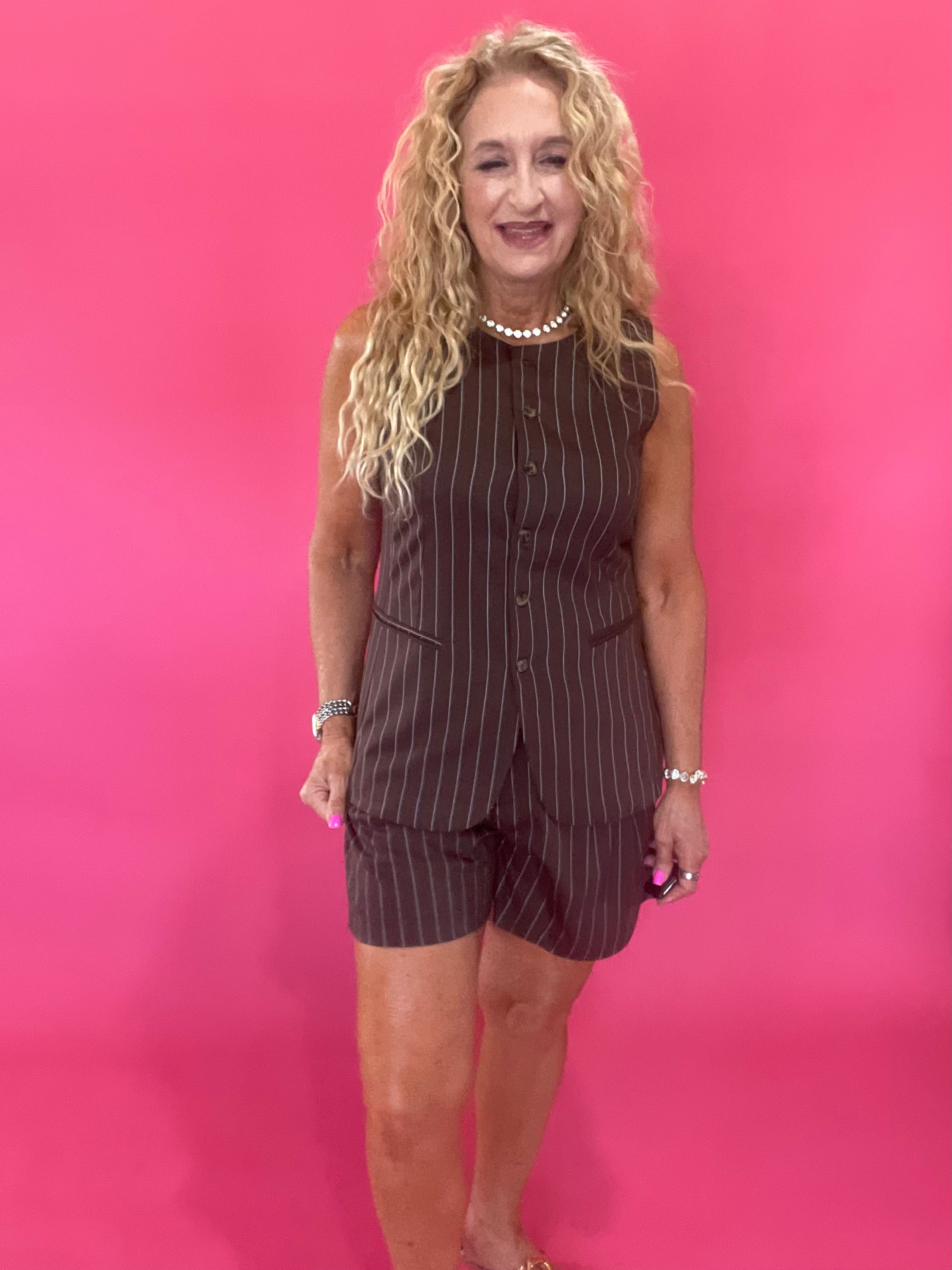 Stripe it Lucky Longline Vest in Brown