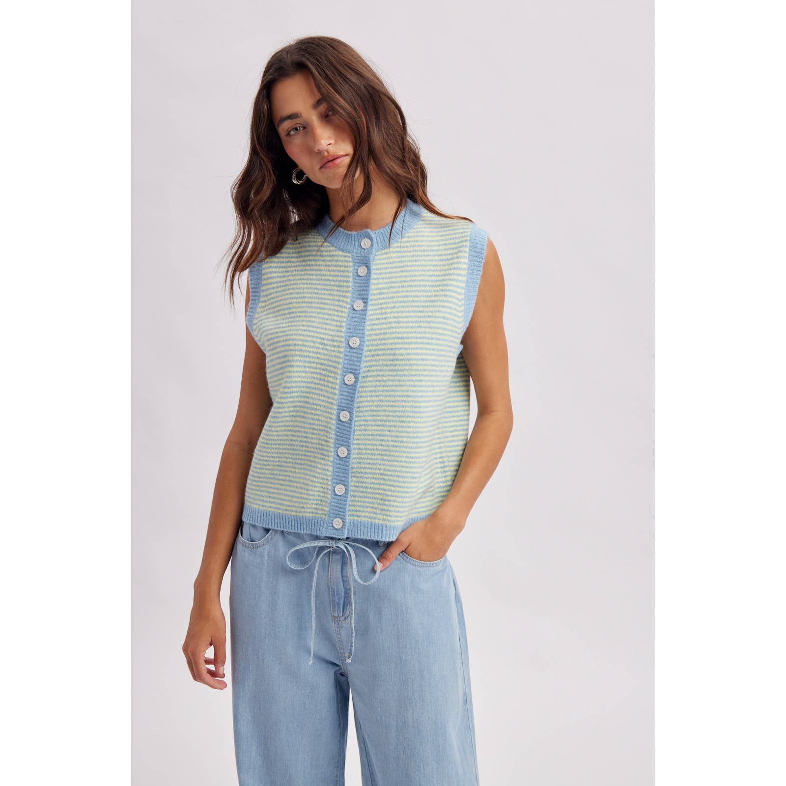 Striped Button Front Sleeveless Sweater Vest