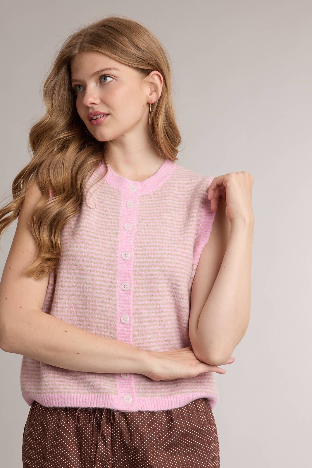 Striped Button Front Sleeveless Sweater Vest
