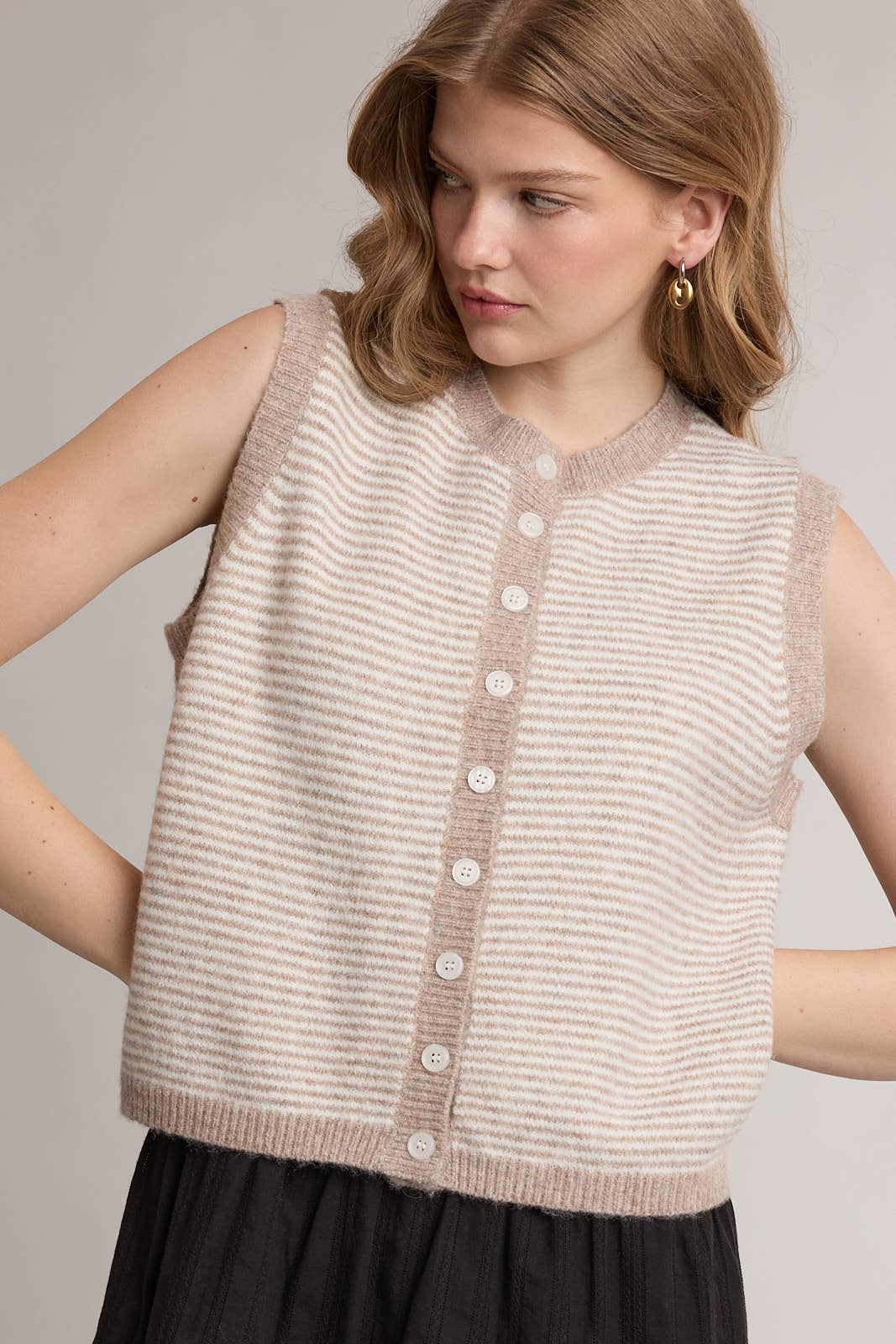 Striped Button Front Sleeveless Sweater Vest