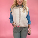 Striped Button Front Sleeveless Sweater Vest in Mocha