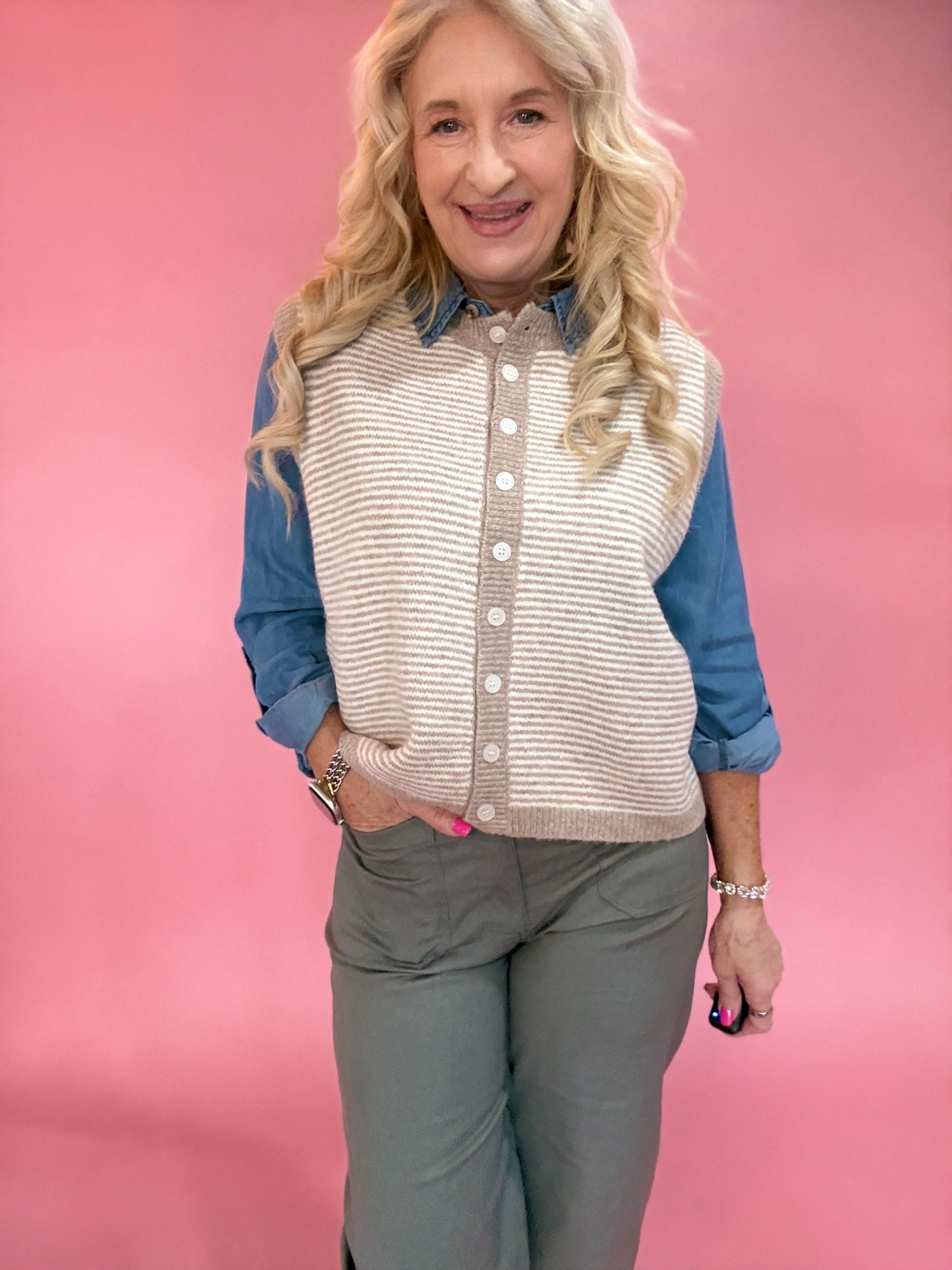 Striped Button Front Sleeveless Sweater Vest in Mocha