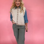 Striped Button Front Sleeveless Sweater Vest in Mocha