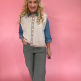 Striped Button Front Sleeveless Sweater Vest in Mocha