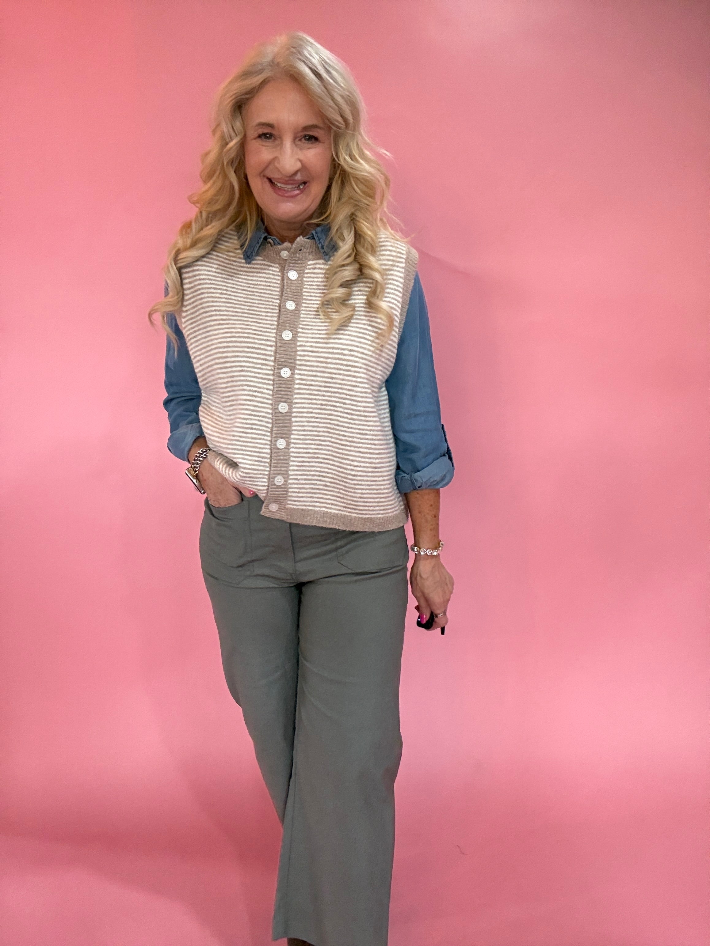 Striped Button Front Sleeveless Sweater Vest in Mocha
