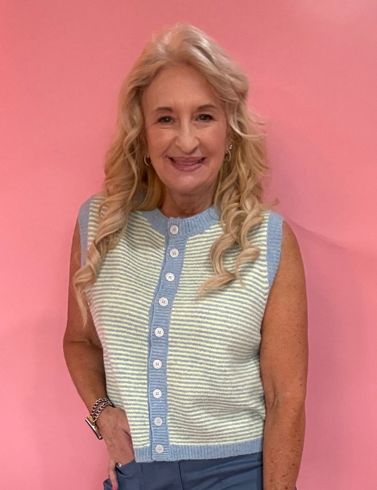 Striped Button Front Sleeveless Sweater Vest in Blue