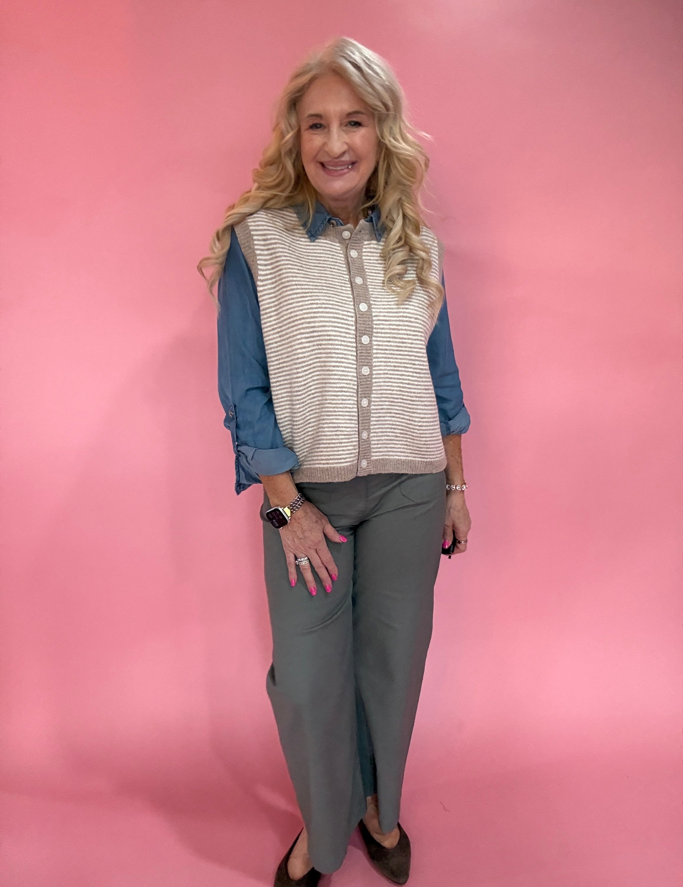 Striped Button Front Sleeveless Sweater Vest in Mocha