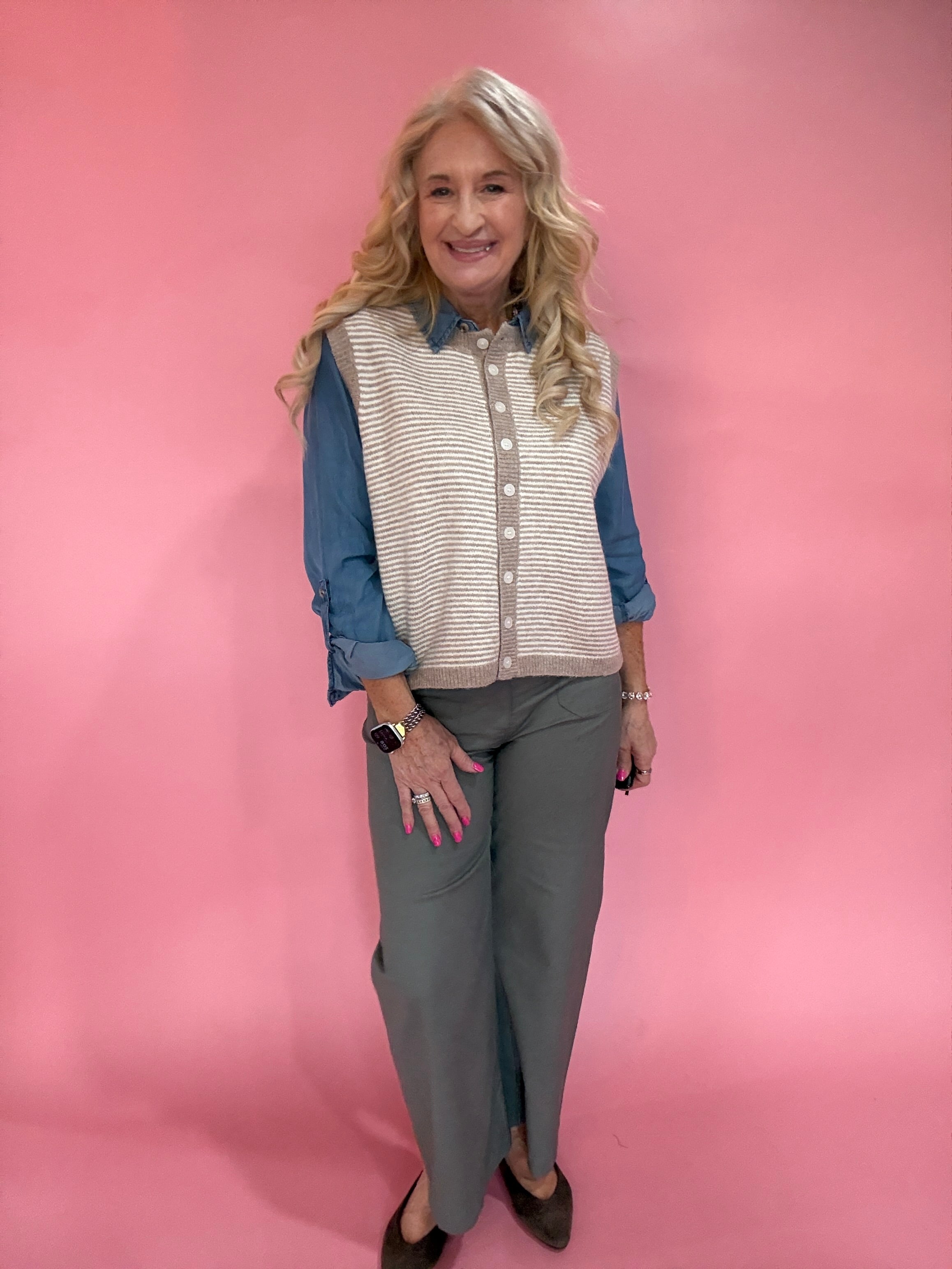 Striped Button Front Sleeveless Sweater Vest in Mocha