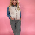 Striped Button Front Sleeveless Sweater Vest in Mocha