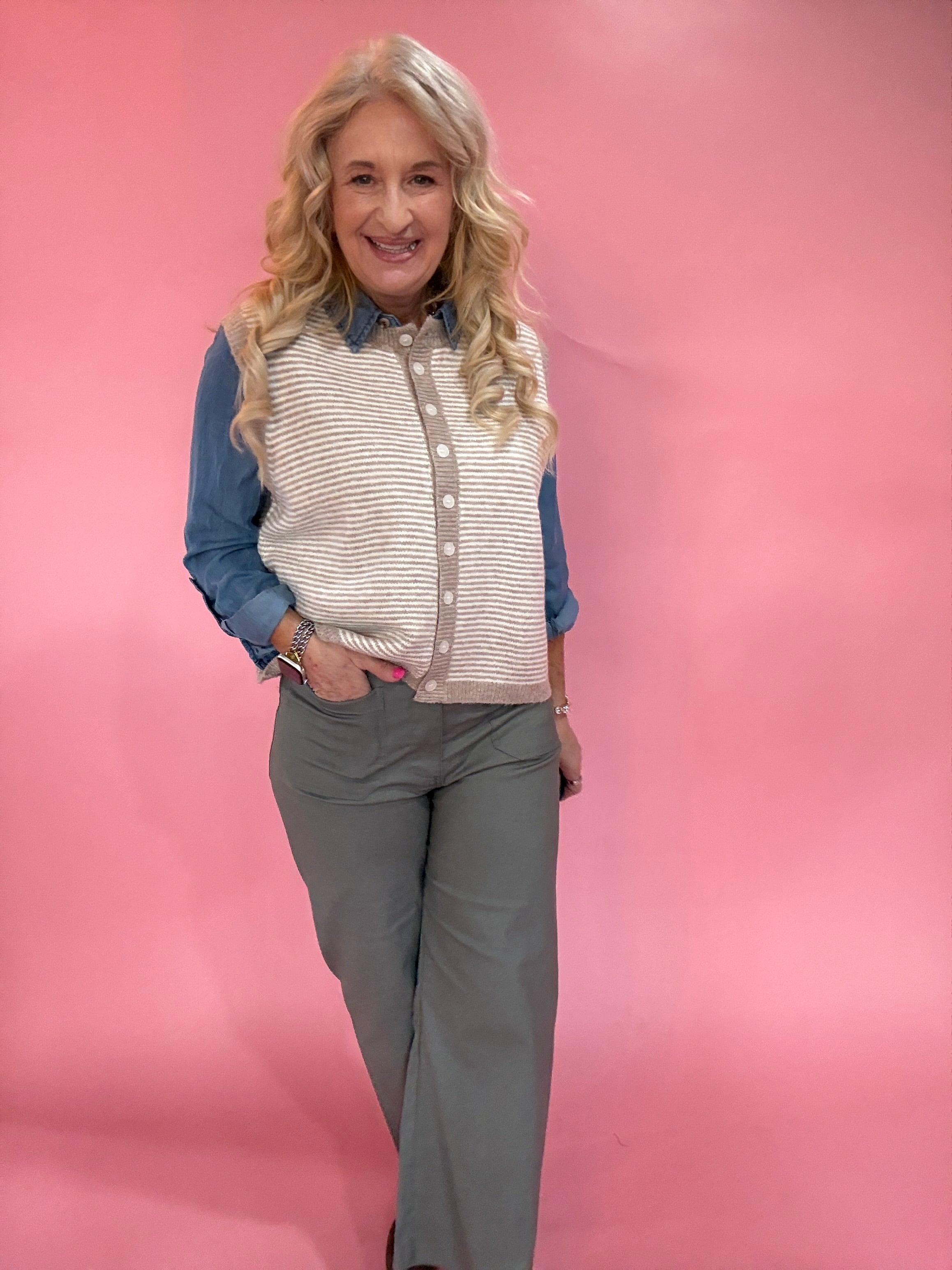 Striped Button Front Sleeveless Sweater Vest in Mocha