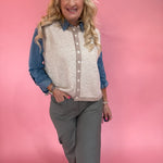 Striped Button Front Sleeveless Sweater Vest in Mocha