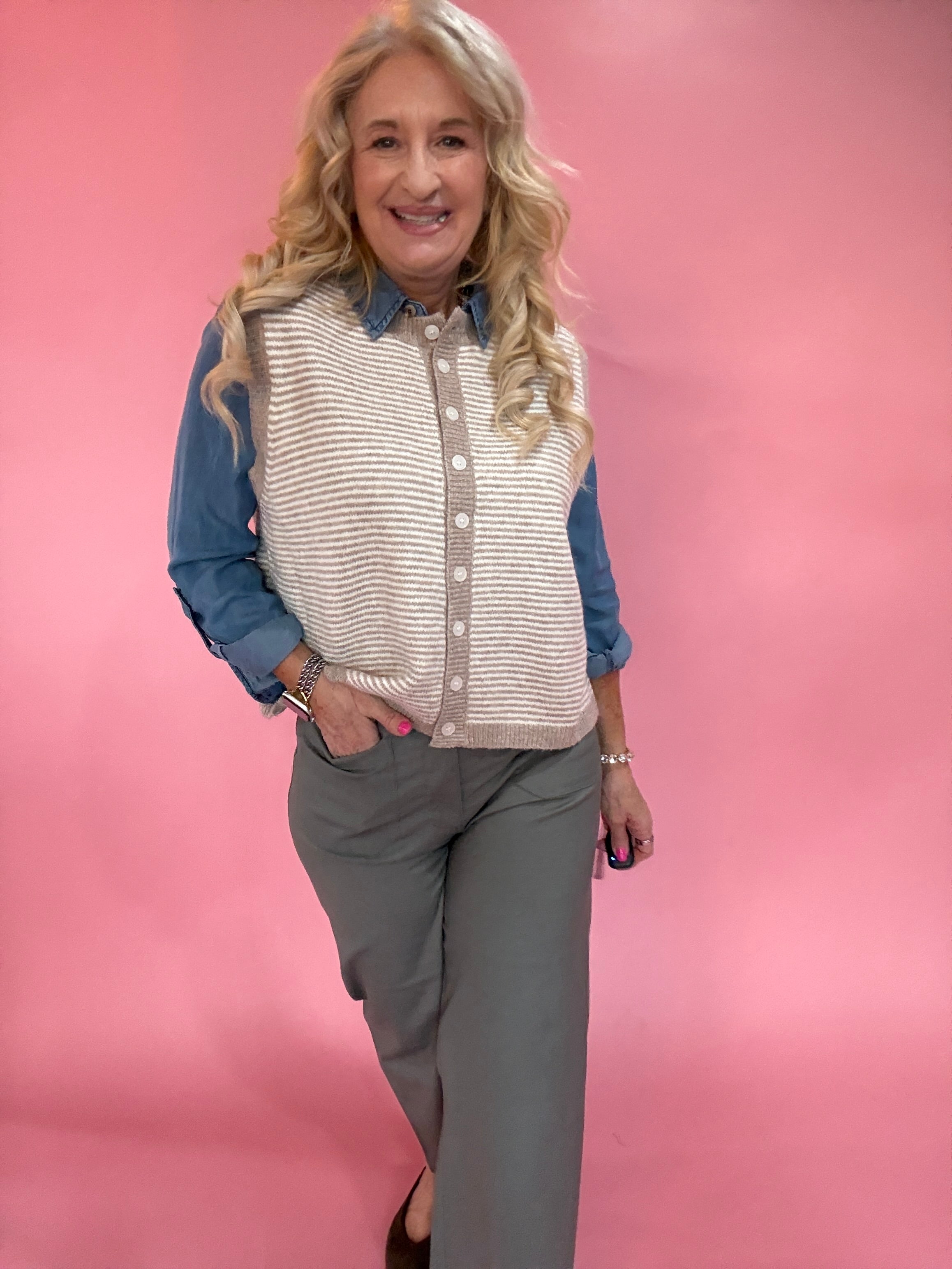 Striped Button Front Sleeveless Sweater Vest in Mocha