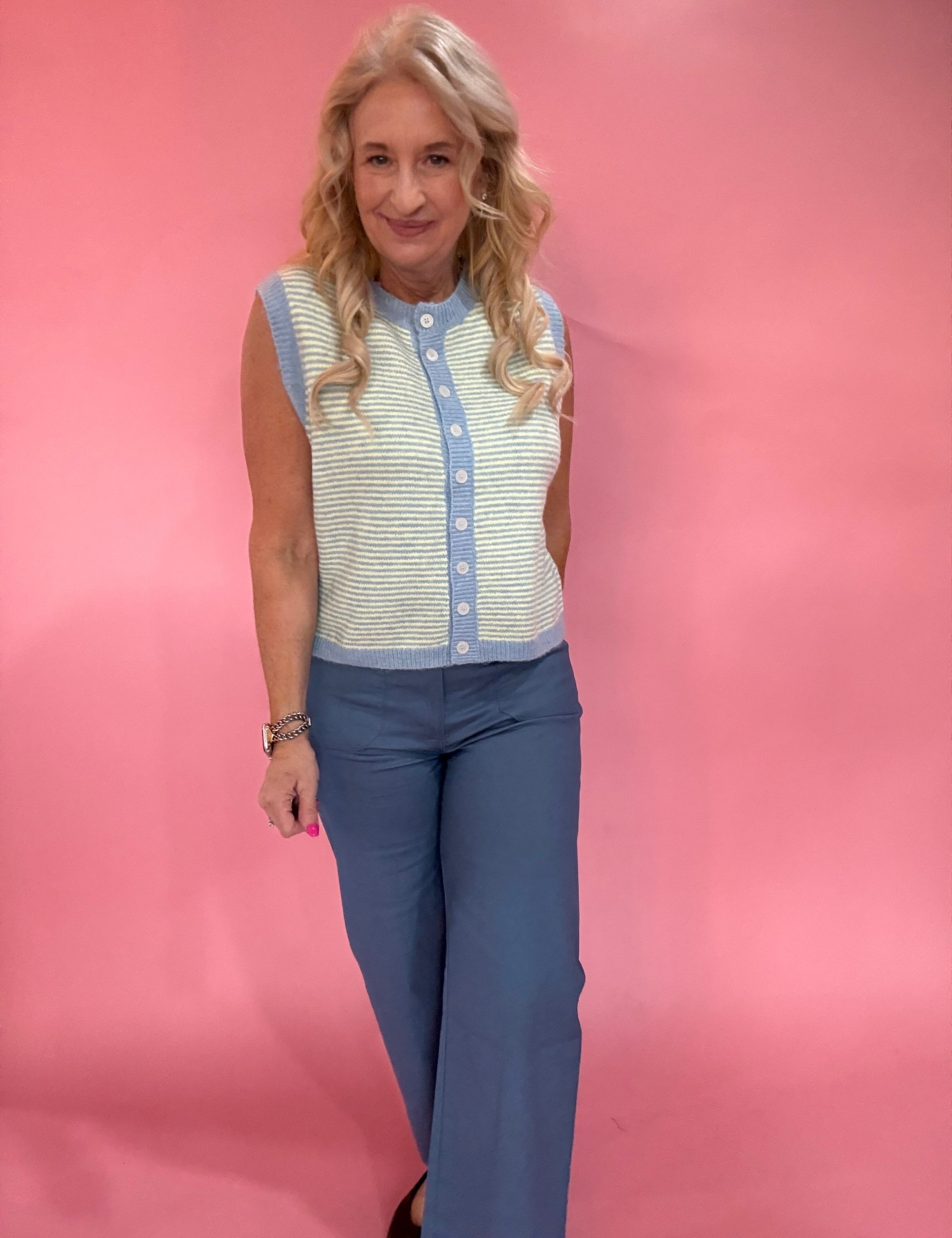 Striped Button Front Sleeveless Sweater Vest in Blue