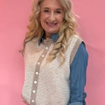 Striped Button Front Sleeveless Sweater Vest in Mocha