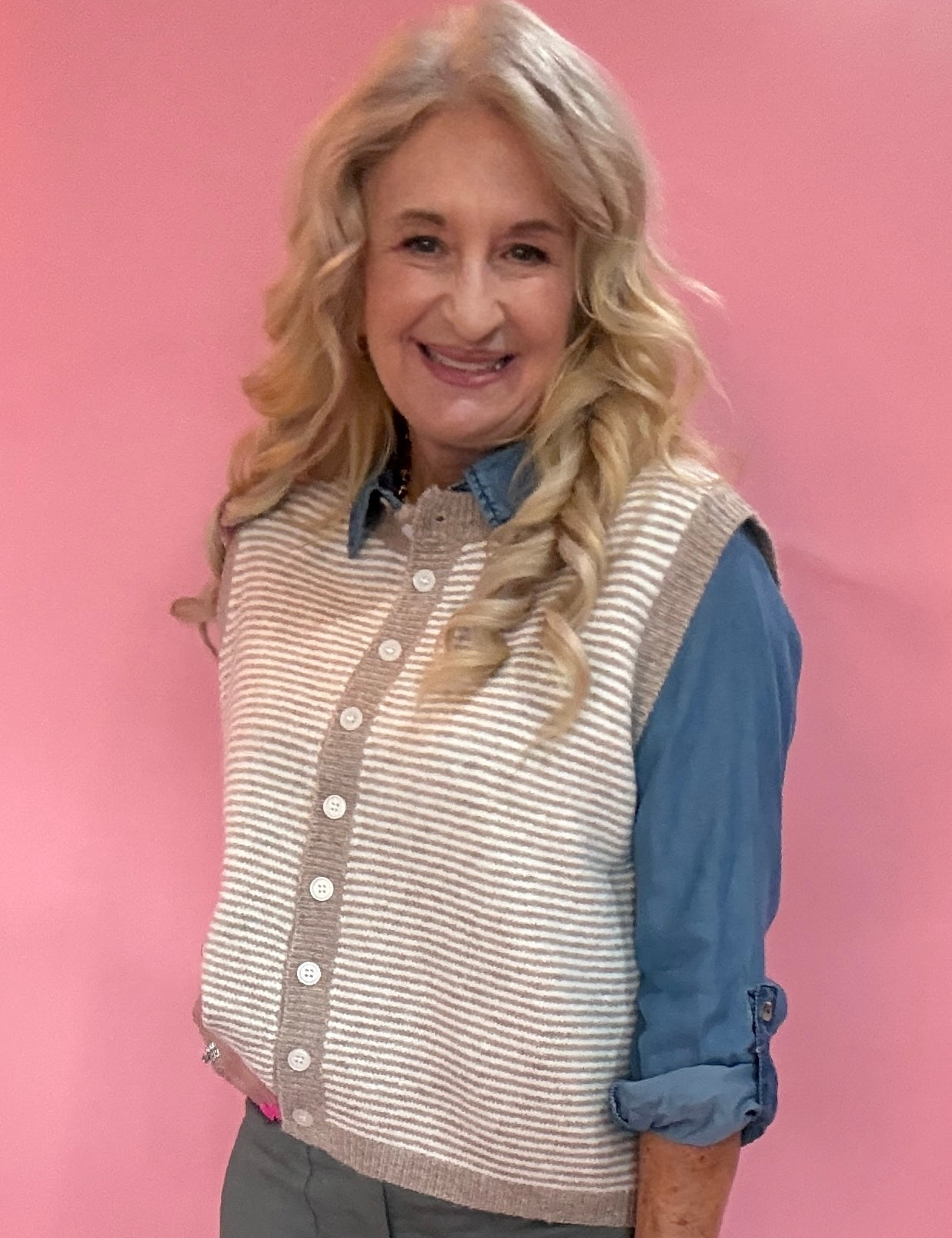 Striped Button Front Sleeveless Sweater Vest in Mocha