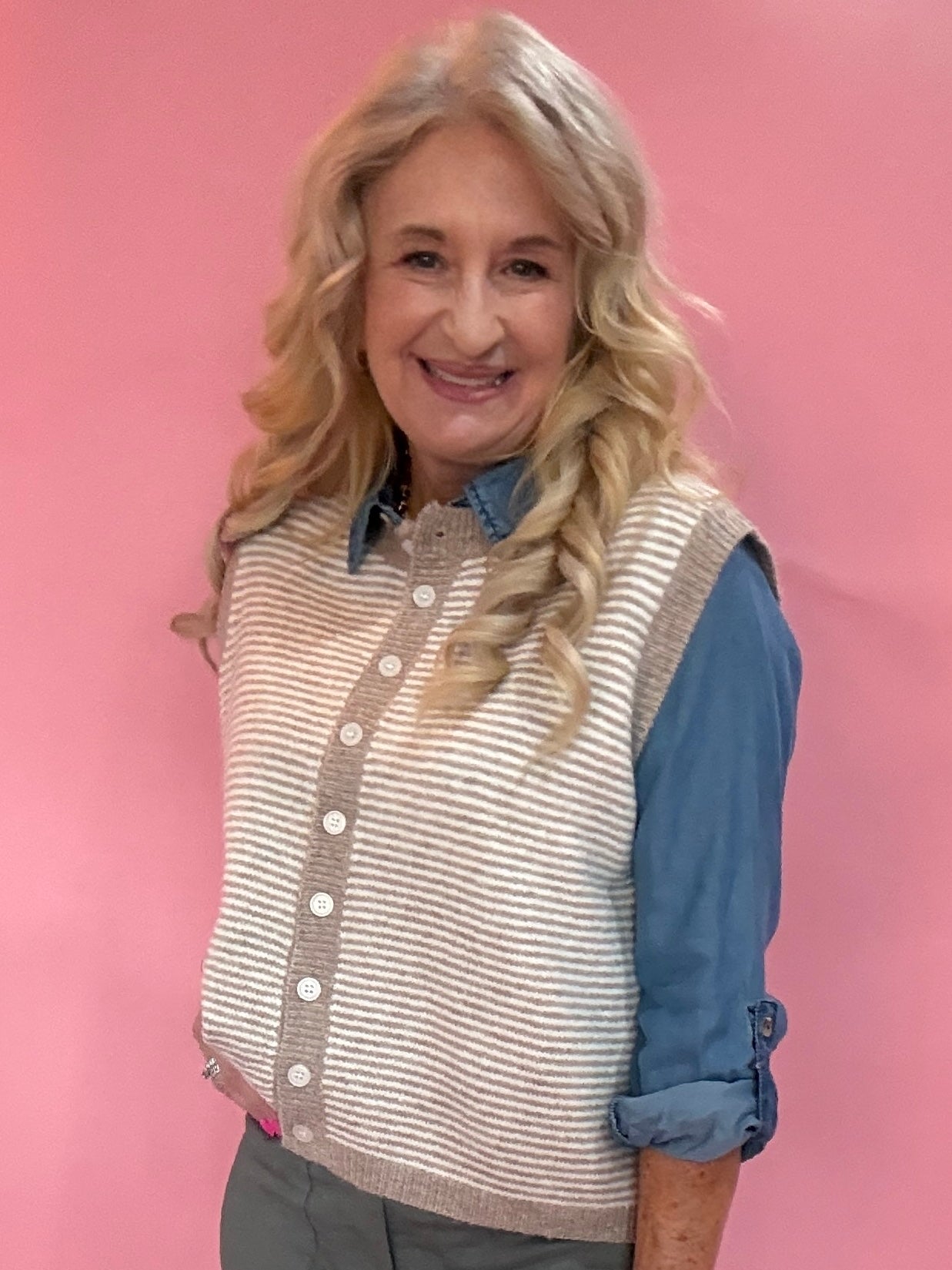 Striped Button Front Sleeveless Sweater Vest in Mocha