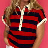 Striped Contrast Collar Cap Sleeve Pullover