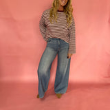 Striped Contrast Crew Neck Long Sleeve Knit Top in Burgundy