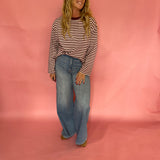 Striped Contrast Crew Neck Long Sleeve Knit Top in Burgundy