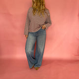 Striped Contrast Crew Neck Long Sleeve Knit Top in Burgundy