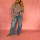 Striped Contrast Crew Neck Long Sleeve Knit Top in Burgundy