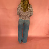 Striped Contrast Crew Neck Long Sleeve Knit Top in Burgundy