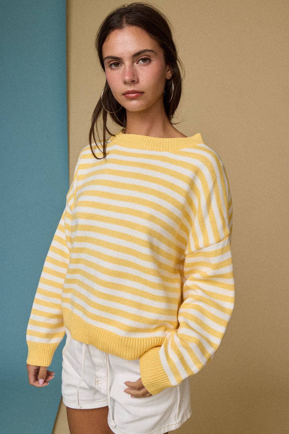 Striped Crewneck Sweater with a  Relaxed Fit in Yellow - Shabby 2 Chic Boutiques