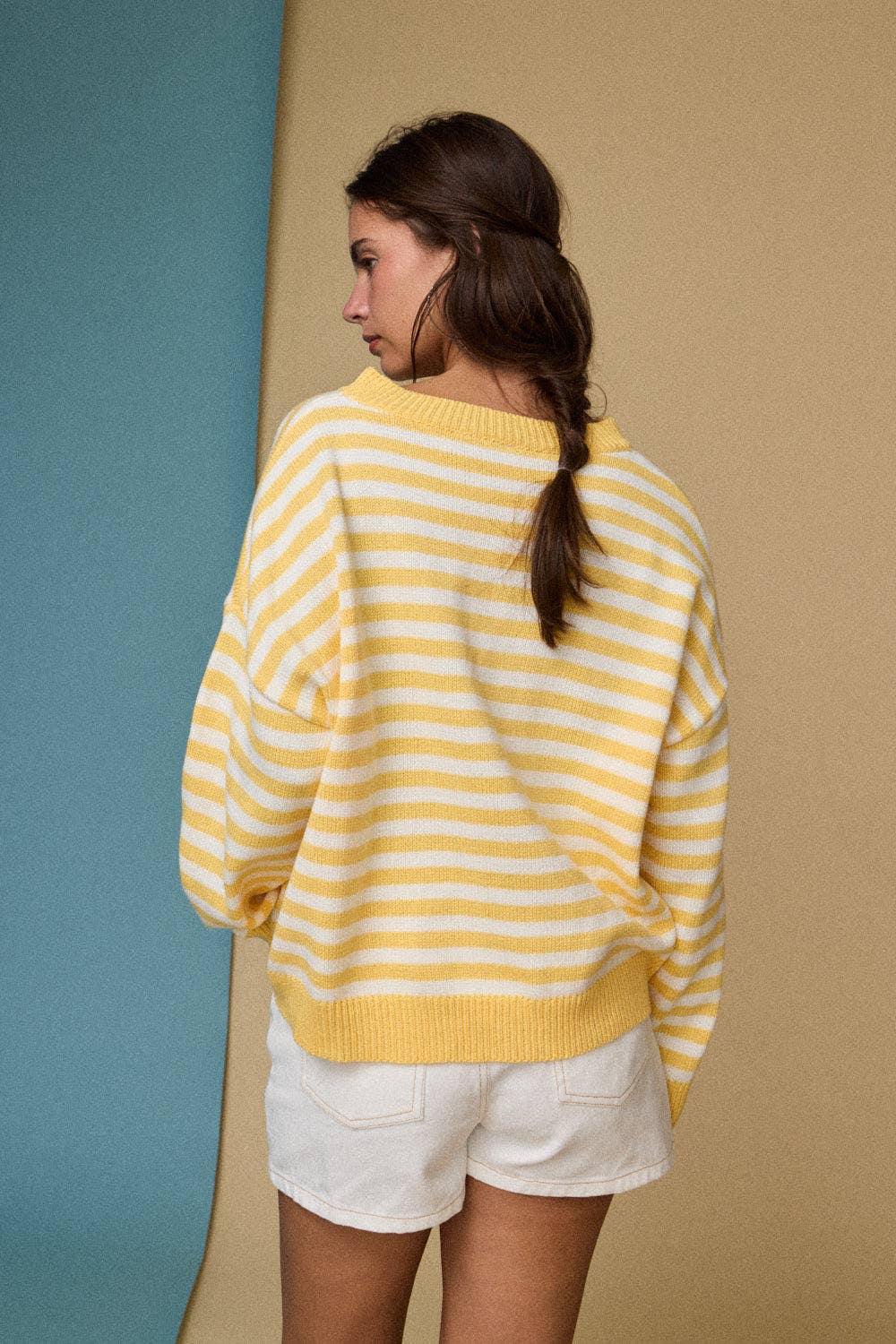 Striped Crewneck Sweater with a  Relaxed Fit in Yellow - Shabby 2 Chic Boutiques