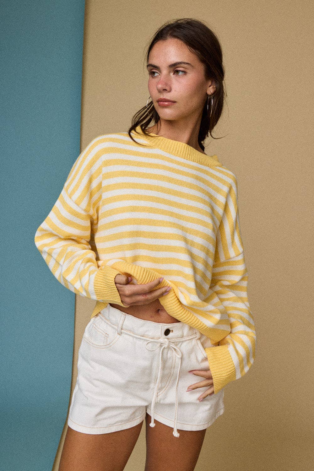 Striped Crewneck Sweater with a  Relaxed Fit in Yellow - Shabby 2 Chic Boutiques